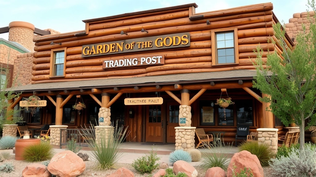 Rustic wooden Garden of the Gods Trading Post historic building exterior with stone accents and traditional Southwestern architecture surrounded by native plants and red rocks