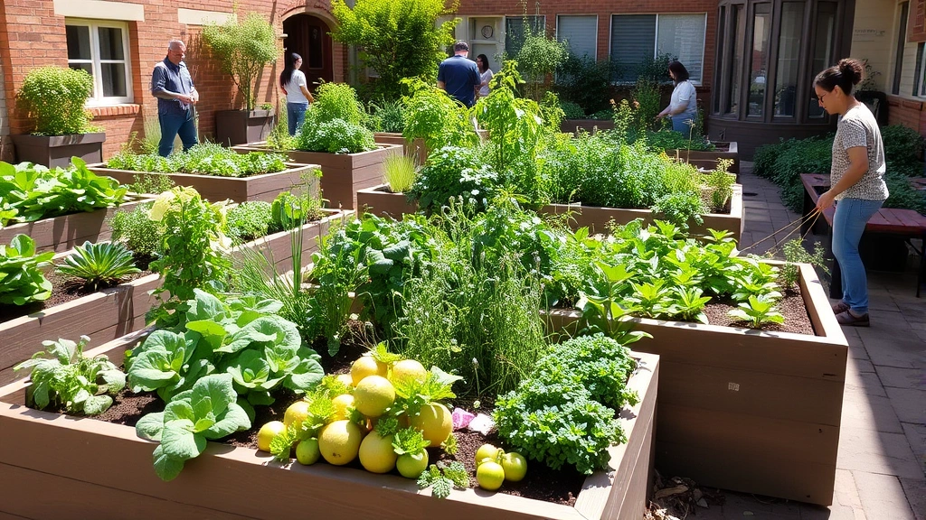 Lush communal garden beds with diverse vegetables and herbs thriving in raised planters, residents tending plants, sunny urban courtyard setting with natural light