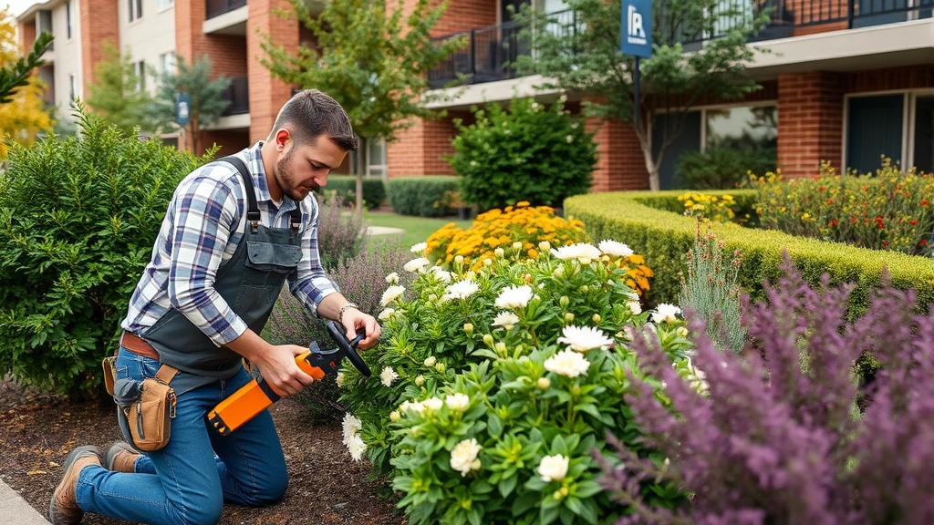 Professional landscape maintenance worker trimming native flowering shrubs in apartment complex garden, showing healthy plant growth and manicured garden design