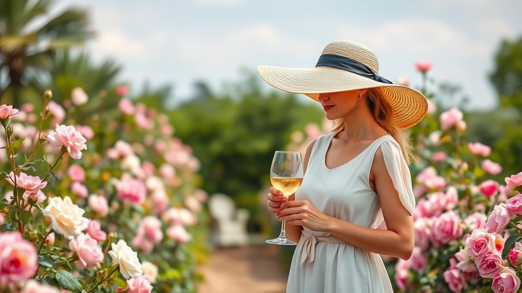 Woman wearing elegant pastel linen dress and wide-brimmed straw hat standing in blooming rose garden with pink and white flowers, holding wine glass
