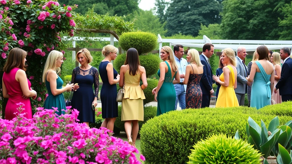 Group of elegantly dressed guests mingling near flowering shrubs and ornamental plants at garden party, wearing coordinated jewel-tone dresses and accessories