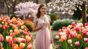 Woman in elegant pastel spring dress standing among blooming tulips and cherry blossoms in a formal garden, holding a champagne flute, natural soft lighting
