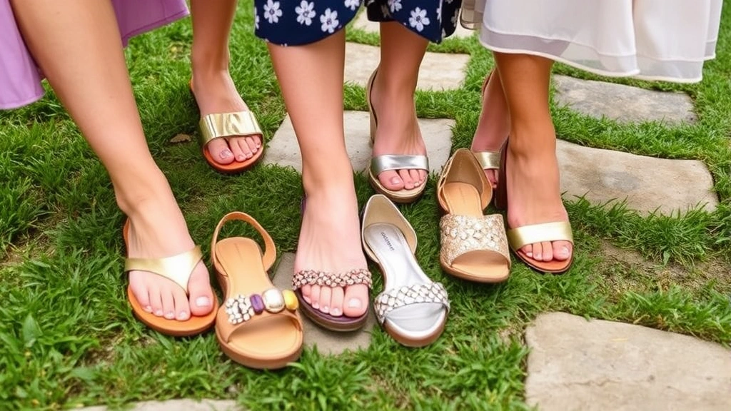 Close-up of designer flat sandals and metallic heels arranged on garden path with grass and stepping stones, various styles for different garden party occasions