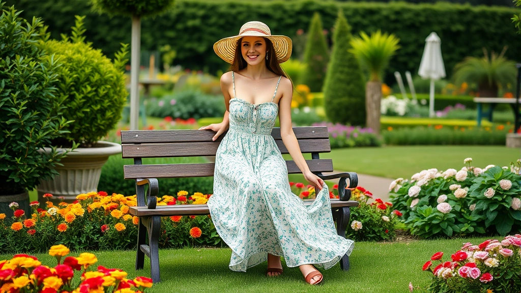 Woman in flowing summer midi dress wearing wide-brimmed hat in lush green garden with flowering borders, seated on garden bench with garden scenery behind