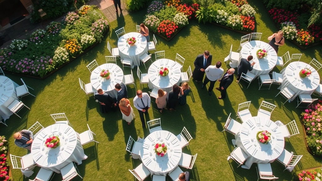 Wide overhead view of elegant garden party setup with white linen tables, fresh floral centerpieces, and guests mingling among blooming flower beds in afternoon sunlight, natural garden setting