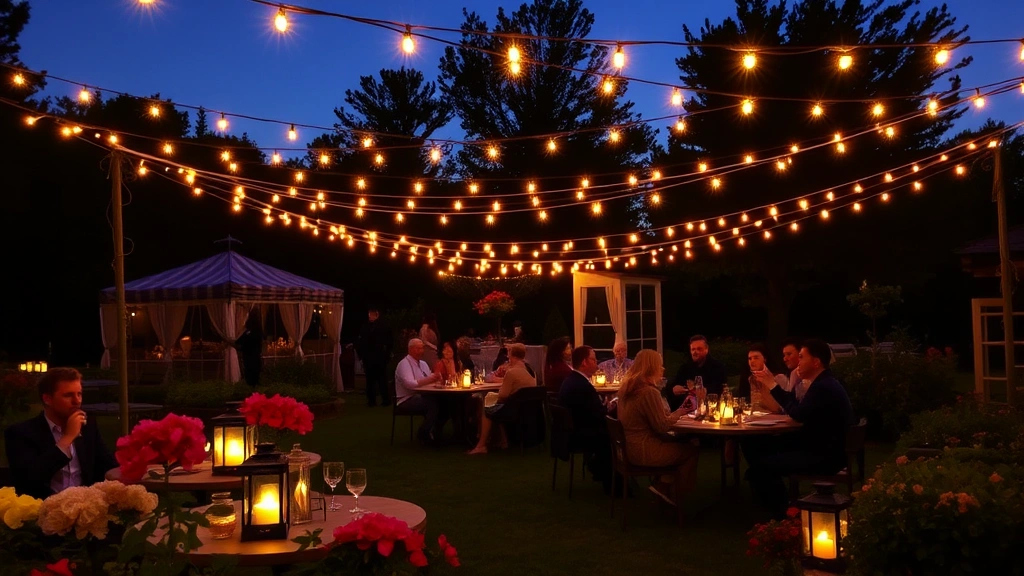 Twilight garden scene with warm string lights draped overhead, glowing lanterns on tables, seated guests enjoying drinks surrounded by flowering plants and garden structures