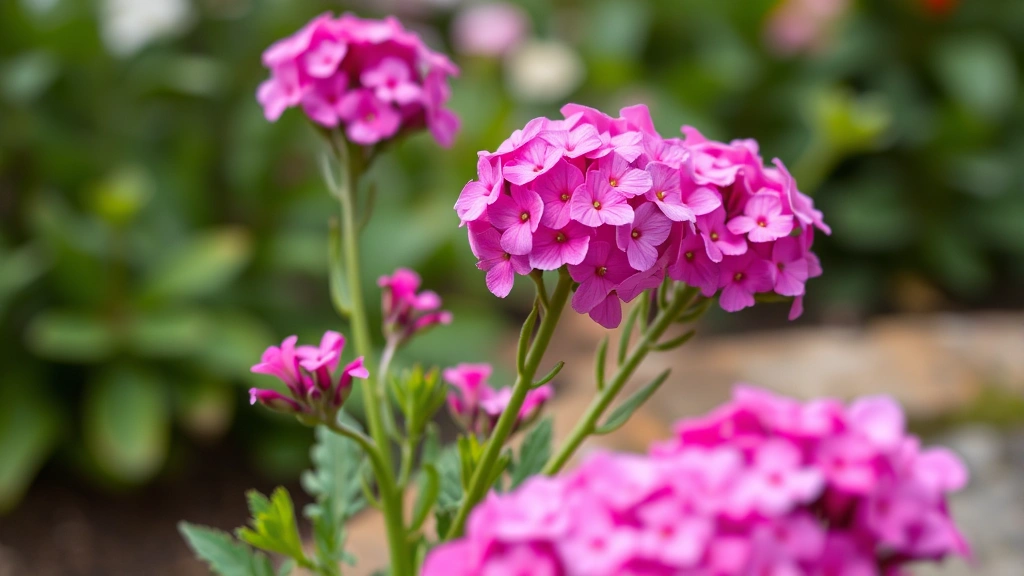 Close-up of vibrant pink and purple phlox flower clusters in full bloom on healthy green stems, garden setting background, shallow depth of field