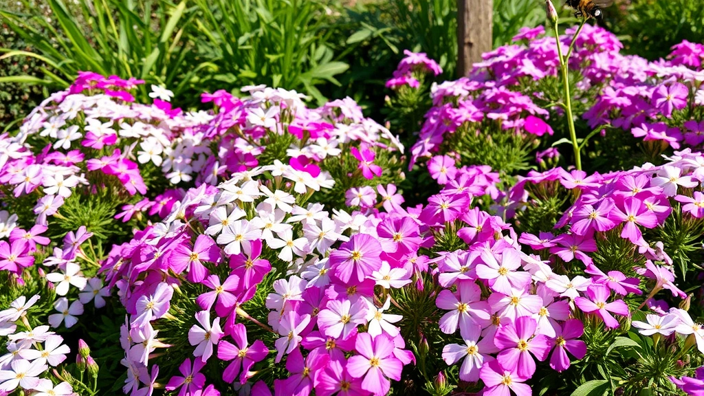Wide garden bed filled with blooming phlox in mixed colors—white, pink, purple—with pollinators visiting, morning sunlight, natural garden landscape