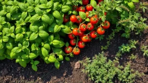 Overhead view of vibrant garden beds with mature basil plants, cherry tomato vines heavy with red fruit, and oregano spreading across rich dark soil in morning sunlight