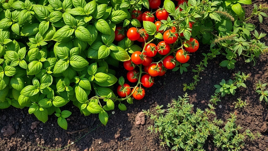 Overhead view of vibrant garden beds with mature basil plants, cherry tomato vines heavy with red fruit, and oregano spreading across rich dark soil in morning sunlight