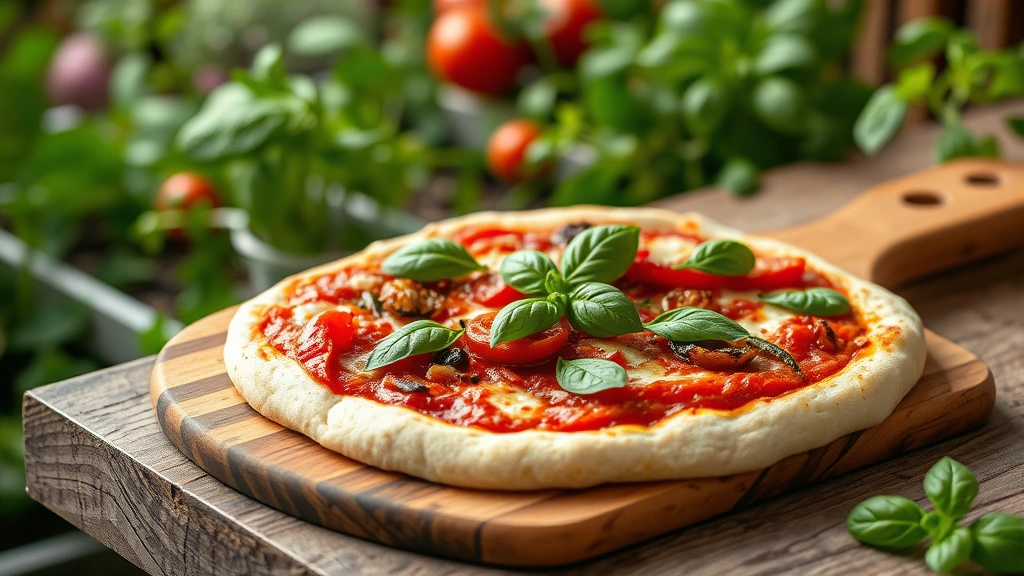 Rustic wooden pizza peel topped with fresh garden pizza featuring homemade dough, vibrant red tomato sauce, bright green basil leaves, roasted peppers, and caramelized onions, with herb garden visible softly blurred behind