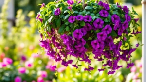 Lush hanging basket with trailing purple petunias and ivy cascading downward, suspended from rustic metal hook, morning sunlight filtering through flowers, vibrant blooms in full display, garden background softly blurred, professional gardening photography