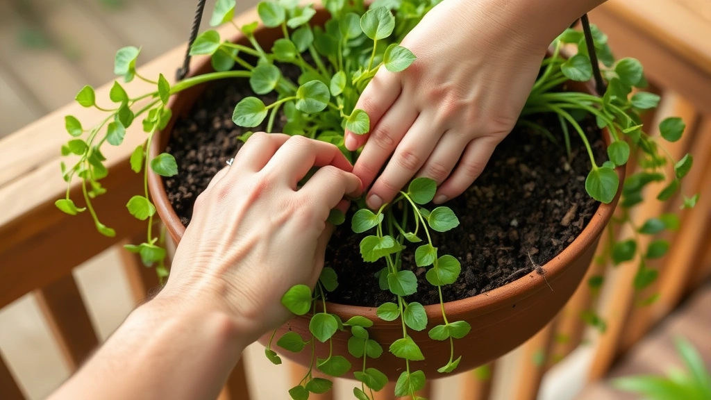 Close-up of person checking soil moisture in hanging basket with lush green trailing plants, hands demonstrating proper watering technique, wooden deck railing in background, natural daylight, showing practical gardening care method, professional horticultural demonstration