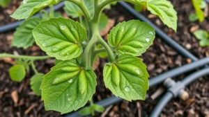 Close-up of healthy green tomato plant leaves with morning dew, vibrant and disease-free, surrounded by mulch and drip irrigation tubing in a New England garden bed