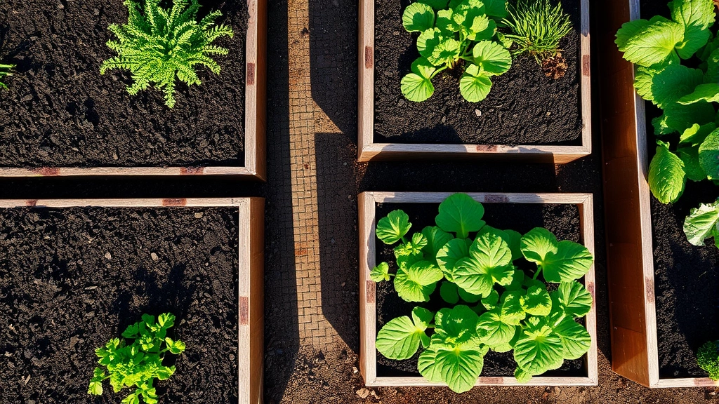 Overhead view of raised garden beds with rich dark compost, copper slug barriers visible on container edges, mixed vegetables growing lush, afternoon sunlight creating shadows