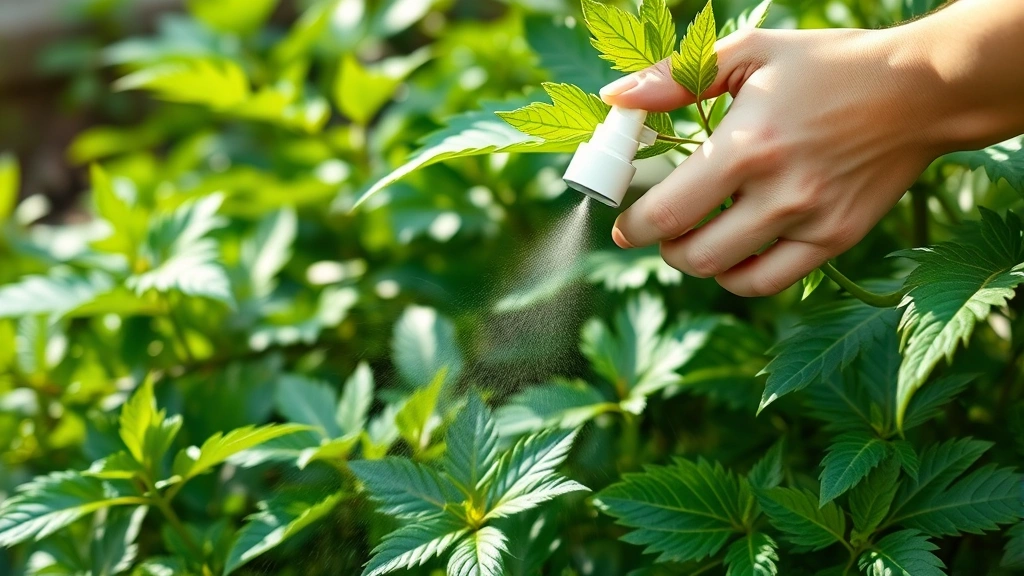 Gardener's hands applying neem oil spray to undersides of plant leaves, close-up showing spray bottle mist and healthy foliage, lush green plants in soft natural light