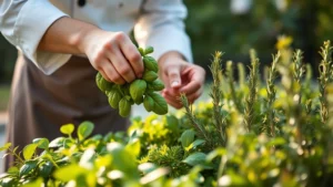 Professional chef harvesting fresh basil and rosemary from a lush herb garden bed in morning sunlight, with green foliage and aromatic herbs in focus