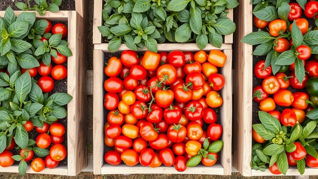 Overhead view of organized raised garden beds filled with ripe tomatoes, colorful bell peppers, and leafy greens in various stages of maturity