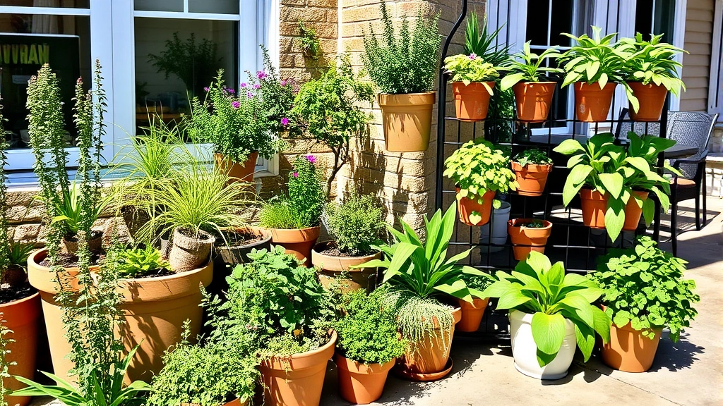 Container garden on a sunny patio displaying potted herbs, trailing oregano, and vertical planters overflowing with fresh culinary plants beside outdoor dining area