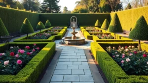 Formal symmetrical garden with manicured boxwood hedges, rose beds on both sides of a central stone pathway, classical fountain as focal point, perfectly pruned topiary specimens, warm afternoon sunlight casting long shadows, demonstrating bilateral symmetry and geometric precision typical of royal garden design.