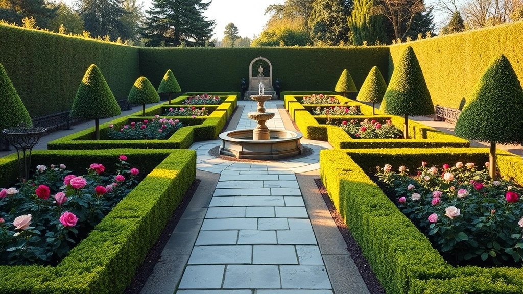 Formal symmetrical garden with manicured boxwood hedges, rose beds on both sides of a central stone pathway, classical fountain as focal point, perfectly pruned topiary specimens, warm afternoon sunlight casting long shadows, demonstrating bilateral symmetry and geometric precision typical of royal garden design.