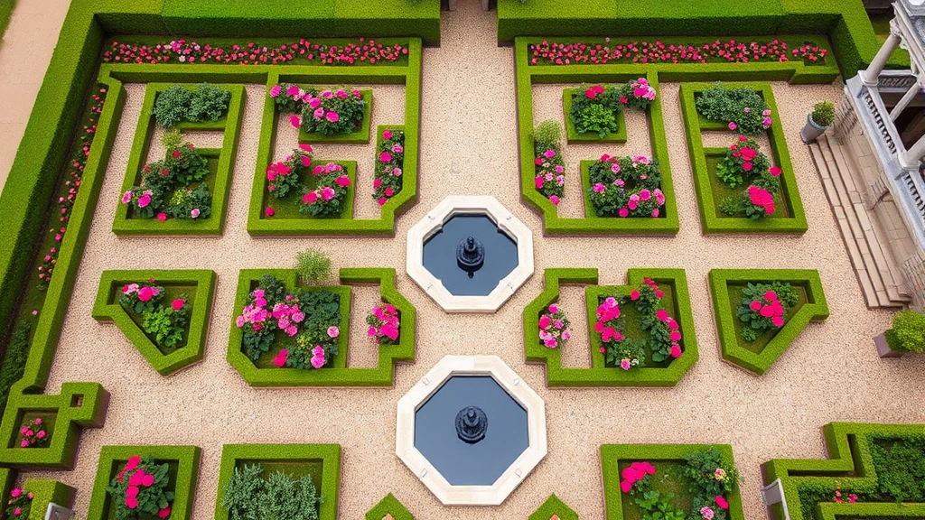 Overhead view of intricate parterre garden with low clipped hedges forming geometric patterns, vibrant rose plantings in organized beds, formal stone edging, gravel pathways, and a reflecting pool with fountain, showcasing the structured elegance of traditional royal garden layout.