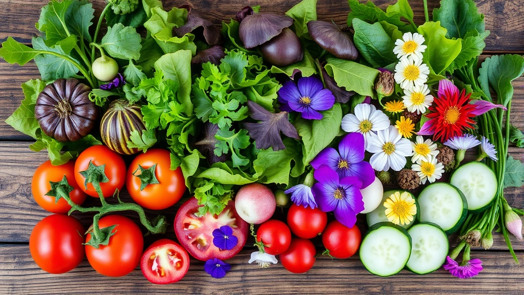 Artistic arrangement of just-harvested salad ingredients on rustic wooden surface including mixed greens, heirloom tomatoes, cucumber slices, radishes, and edible flowers in natural daylight