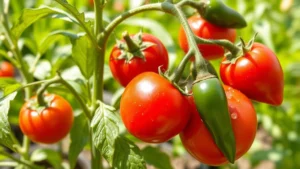 Close-up of ripe red tomatoes and jalapeño peppers growing on plants in a sunny garden bed, water droplets visible on leaves, fresh green foliage in background