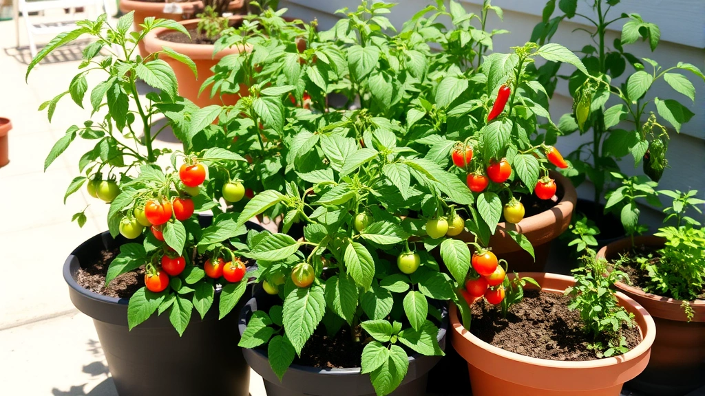 Garden containers with thriving tomato plants, pepper plants, and herb pots arranged on a sunny patio, vibrant green leaves and small developing fruits visible, natural daylight