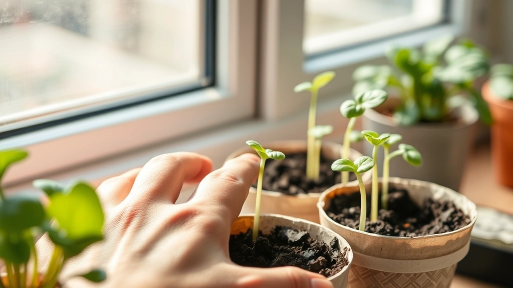 Close-up of hands starting vegetable seeds in biodegradable pots indoors on a sunny windowsill, seedlings emerging from moist potting soil