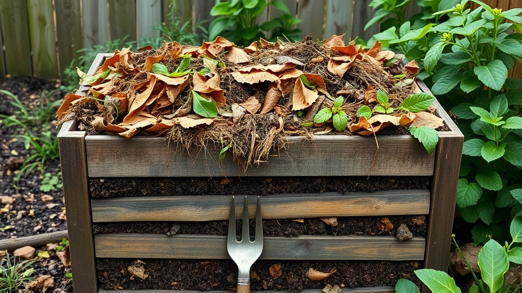 Wide shot of a thriving backyard compost bin with layers of brown leaves and green kitchen scraps, garden fork resting beside it, lush plants growing nearby
