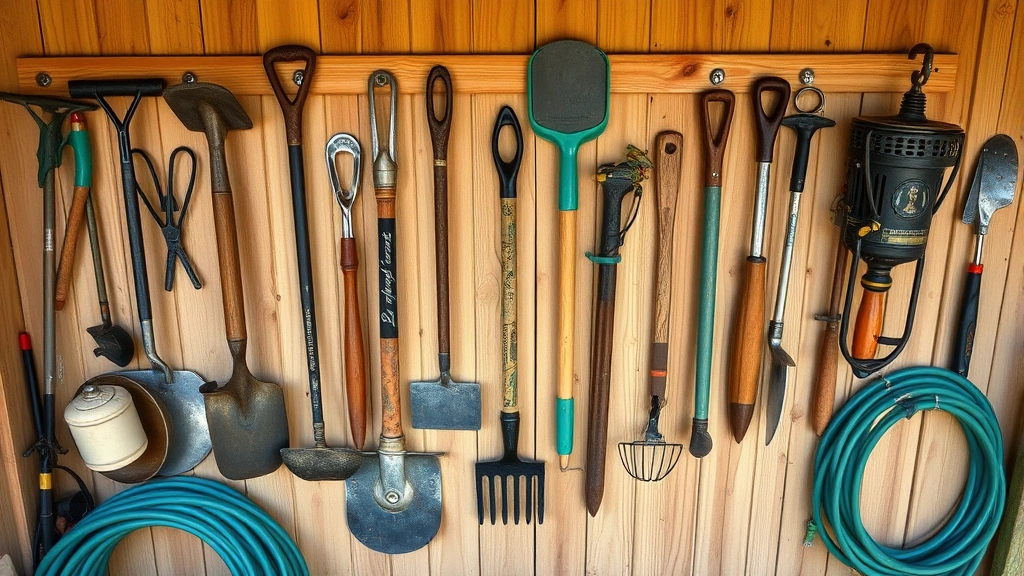 Overhead view of a well-organized garden tool collection hanging on a wooden shed wall, vintage and modern implements, drip irrigation hose coiled nearby