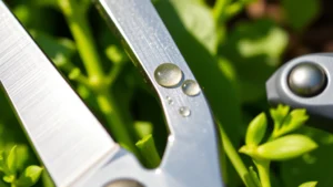 Close-up of sharp, stainless steel garden scissors blades cutting fresh green herb stems in bright natural sunlight, showing clean cut edge with water droplets on leaves, ergonomic handle visible