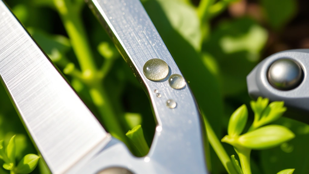 Close-up of sharp, stainless steel garden scissors blades cutting fresh green herb stems in bright natural sunlight, showing clean cut edge with water droplets on leaves, ergonomic handle visible