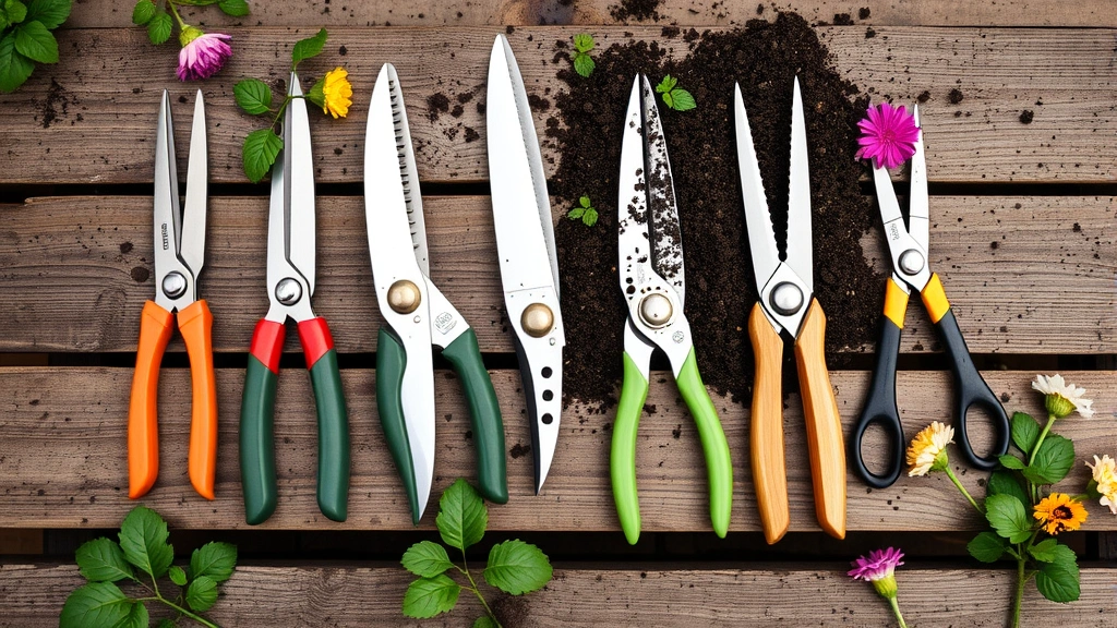 Overhead flat-lay arrangement of five different garden scissors and pruning tools on weathered wooden garden bench with soil, green foliage, and fresh cut flowers scattered around