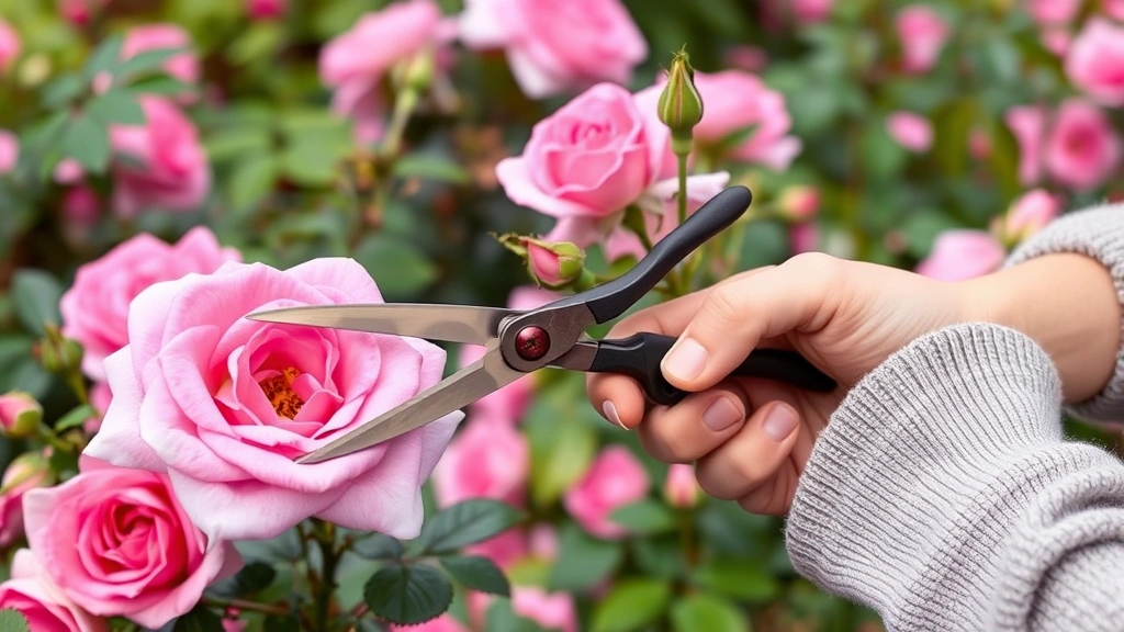 Experienced gardener's hands holding premium bypass pruning scissors cutting delicate pink rose stems in full bloom garden setting, showing proper grip technique and precision cutting action