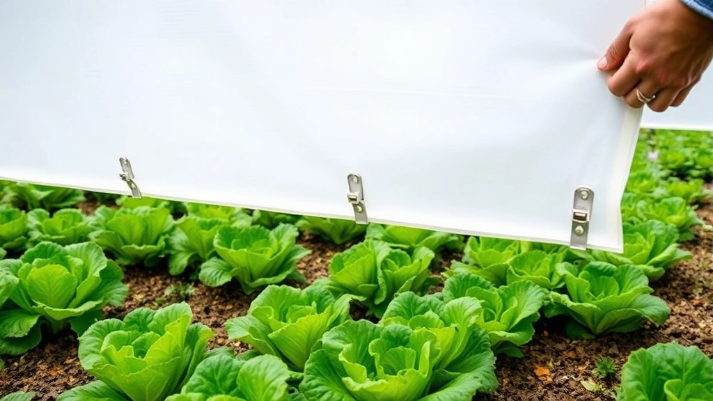 Closeup of hands installing shade cloth over vegetable garden beds with clip fasteners, showing proper spacing between cloth and green lettuce plants below