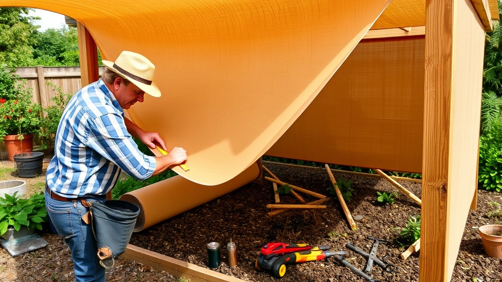 Gardener measuring and cutting tan shade cloth material over a wooden frame structure, with garden tools and hardware visible on the ground nearby