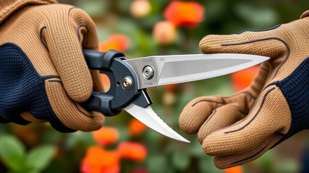 Close-up of hands wearing gardening gloves holding open bypass pruning shears with carbon steel blades, showing precise blade alignment and ergonomic grip, garden plants blurred in background