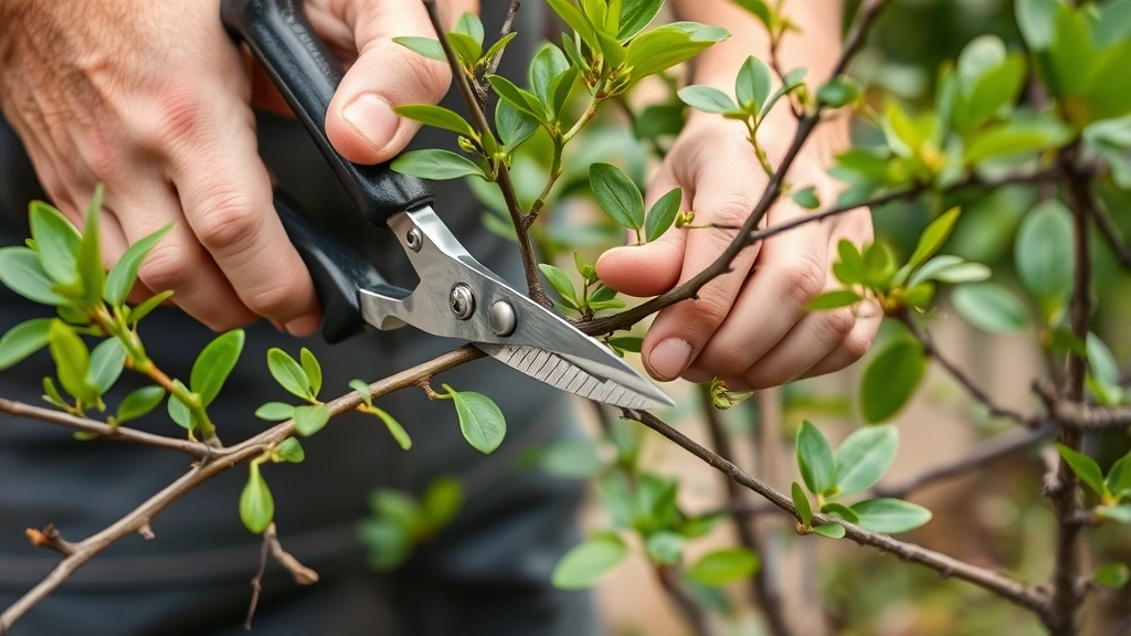 Professional gardener demonstrating proper pruning technique using quality shears on fresh green stems and branches, showing clean cut surface and correct hand positioning
