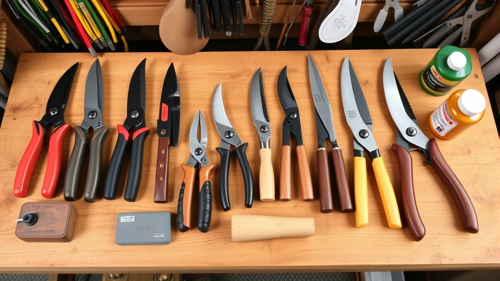 Organized gardening tool display featuring multiple types of pruning shears and lopping tools arranged on wooden workbench with maintenance supplies like sharpening stone and oil bottle