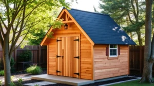 Professional garden shed with A-frame design, cedar siding, dark asphalt shingles, positioned in landscaped garden with mature trees providing partial shade, morning sunlight illuminating the structure, well-maintained exterior