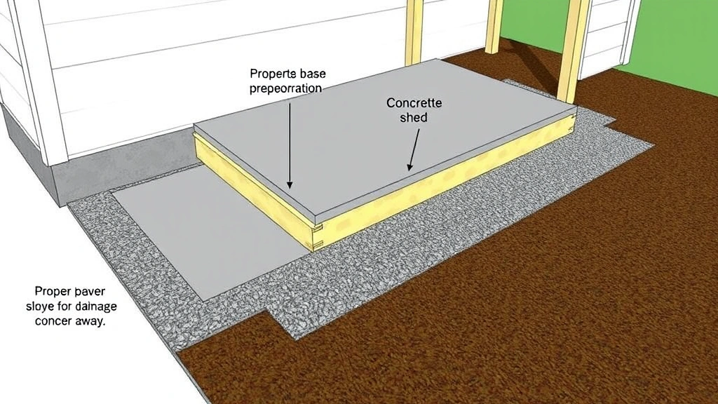 Garden shed foundation detail showing concrete pads, gravel base preparation, proper slope for drainage away from structure, level ground surface, ready for frame installation