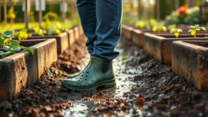 Professional gardener wearing waterproof garden clogs with drainage holes, standing in wet soil near raised garden beds, morning light, realistic moisture visible on footwear