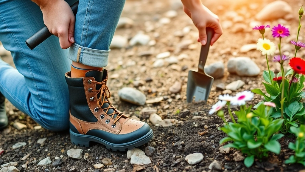 Gardener wearing supportive mid-cut garden boots working in rocky terrain with hand tools, demonstrating proper ankle support while kneeling near flowering plants