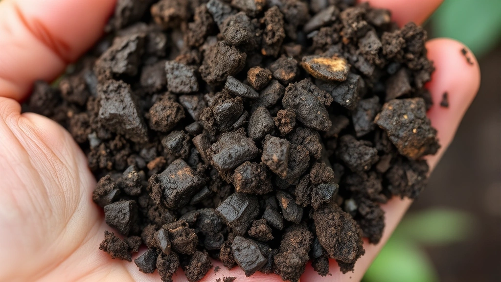 Close-up of dark, rich garden soil texture with visible organic matter and crumbly structure, held in a gardener's hand showing proper soil quality