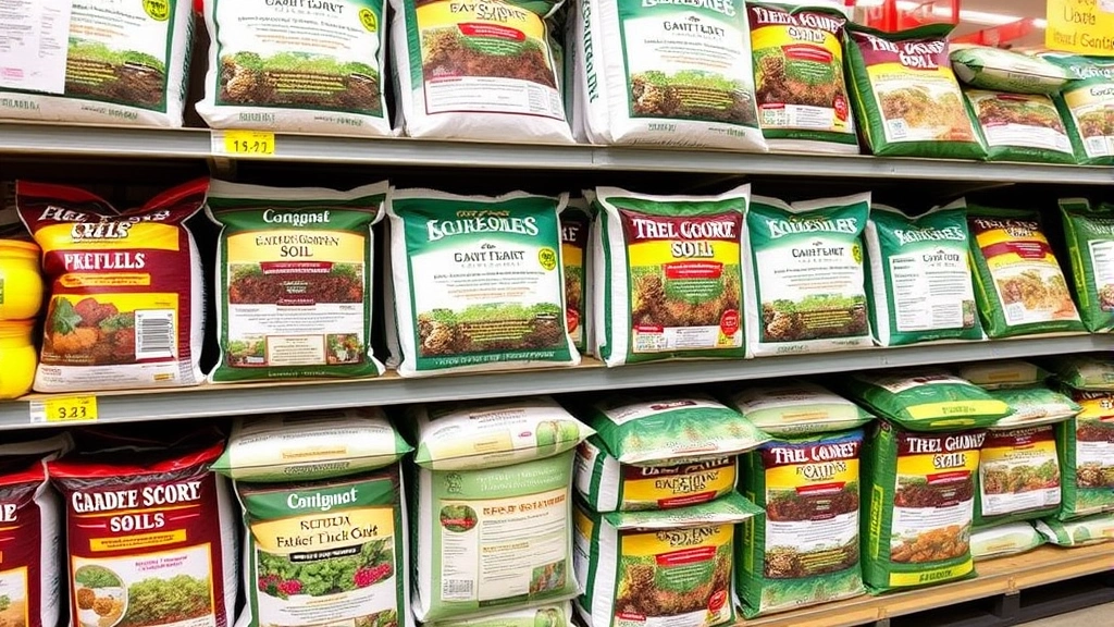 Organized garden center display shelf with various bagged garden soils in different sizes stacked neatly, showing multiple product options and labels