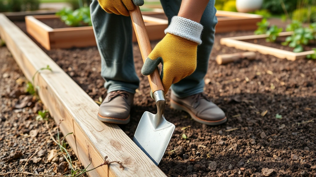Experienced gardener in work gloves using a spade to edge a garden bed with clean lines, showing proper stance and technique with raised beds visible in background