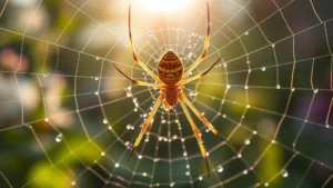 Close-up of a large golden orb-weaver spider on a geometric web covered with morning dew drops, backlit by sunlight, showing detailed leg hairs and body texture in a garden setting