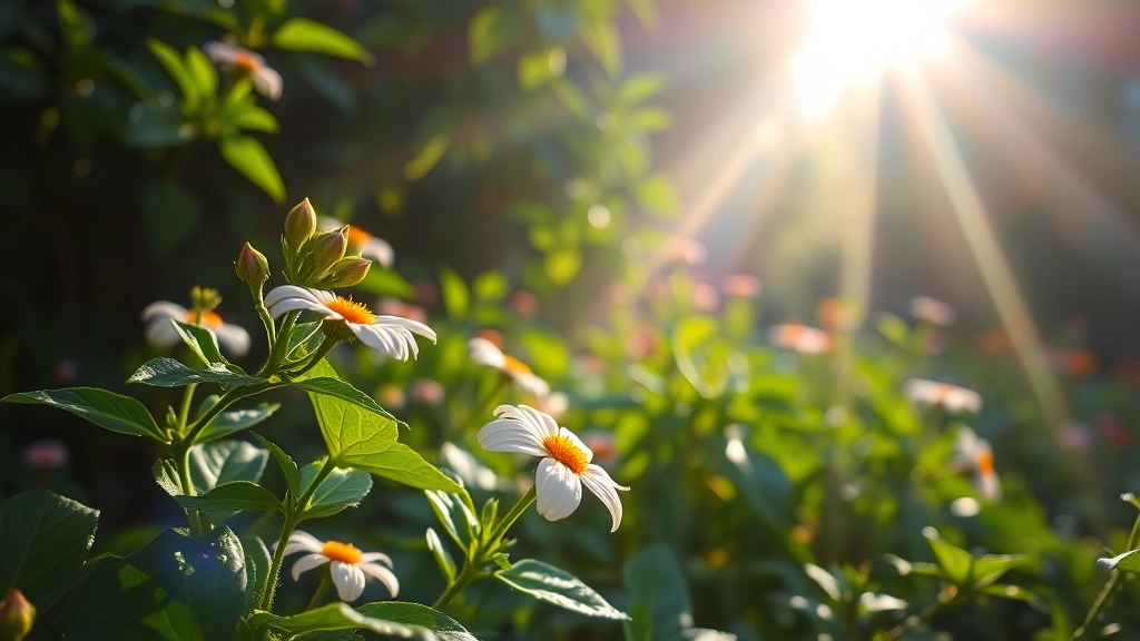 Lush green garden with flowering plants, morning sunlight filtering through leaves, water droplets on petals, peaceful and serene atmosphere
